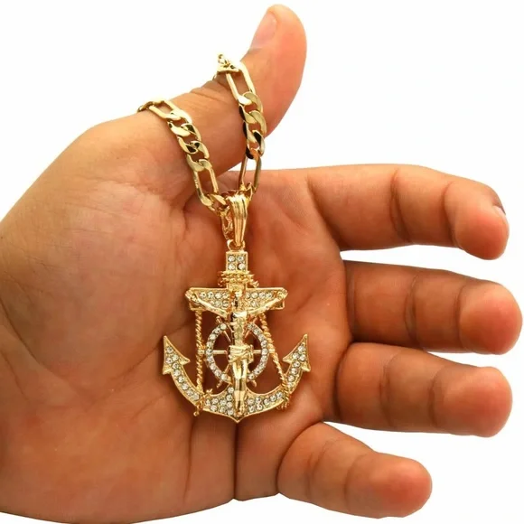 Hip Hop 14K Gold Pt Jesus Anchor Pendant Fully Iced 30 Italy Figaro Chain